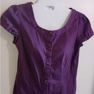 Van Heusen Dark Plum Purple Scoop Neck Blouse - Button Front Cap Sleeve M